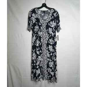 NWT Bellini Black Floral Midi Dress Womens XL Short Sleeve V-Neck Rayon Prairie